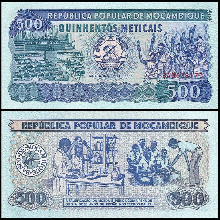 MOZAMBIQUE 500 METICAIS 1989 UNC PREFIX BA,CHEMISTS AND SCHOOL SCENE,GOVERNMENT
