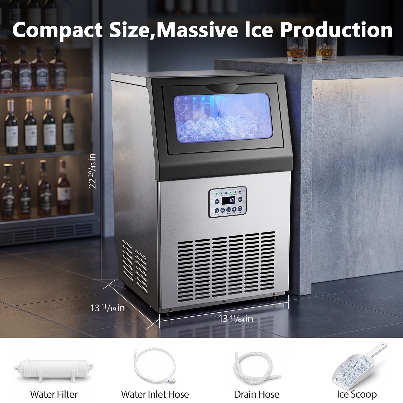 80lbs Commercial Ice Machine 32 Cube 14min 175W Stainless Steel LED Timer Preset