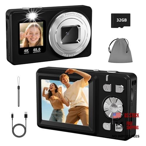 Digital Camera, 4K 48MP Autofocus Dual Screen for Selfies, 18X Zoom Fill Black
