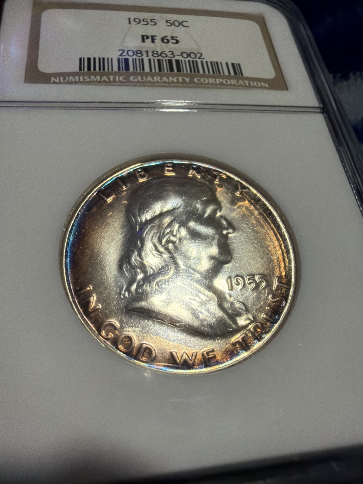 1955 Franklin Half Dollar PF65, Rainbow Rising Toned, Highly Collectible