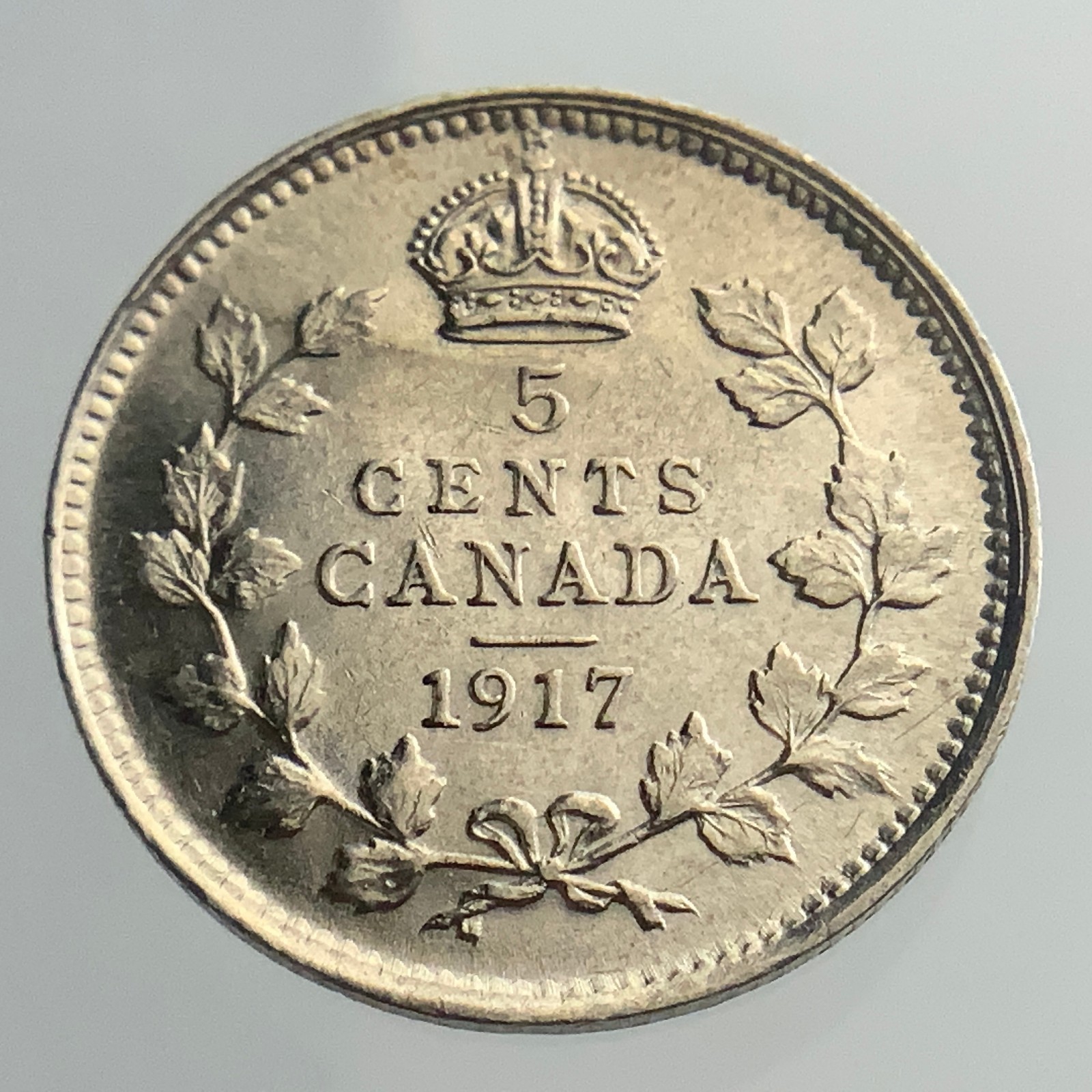 1917 Canada Small Five Cents Uncirculated King George 5 Silver Coin NGS003