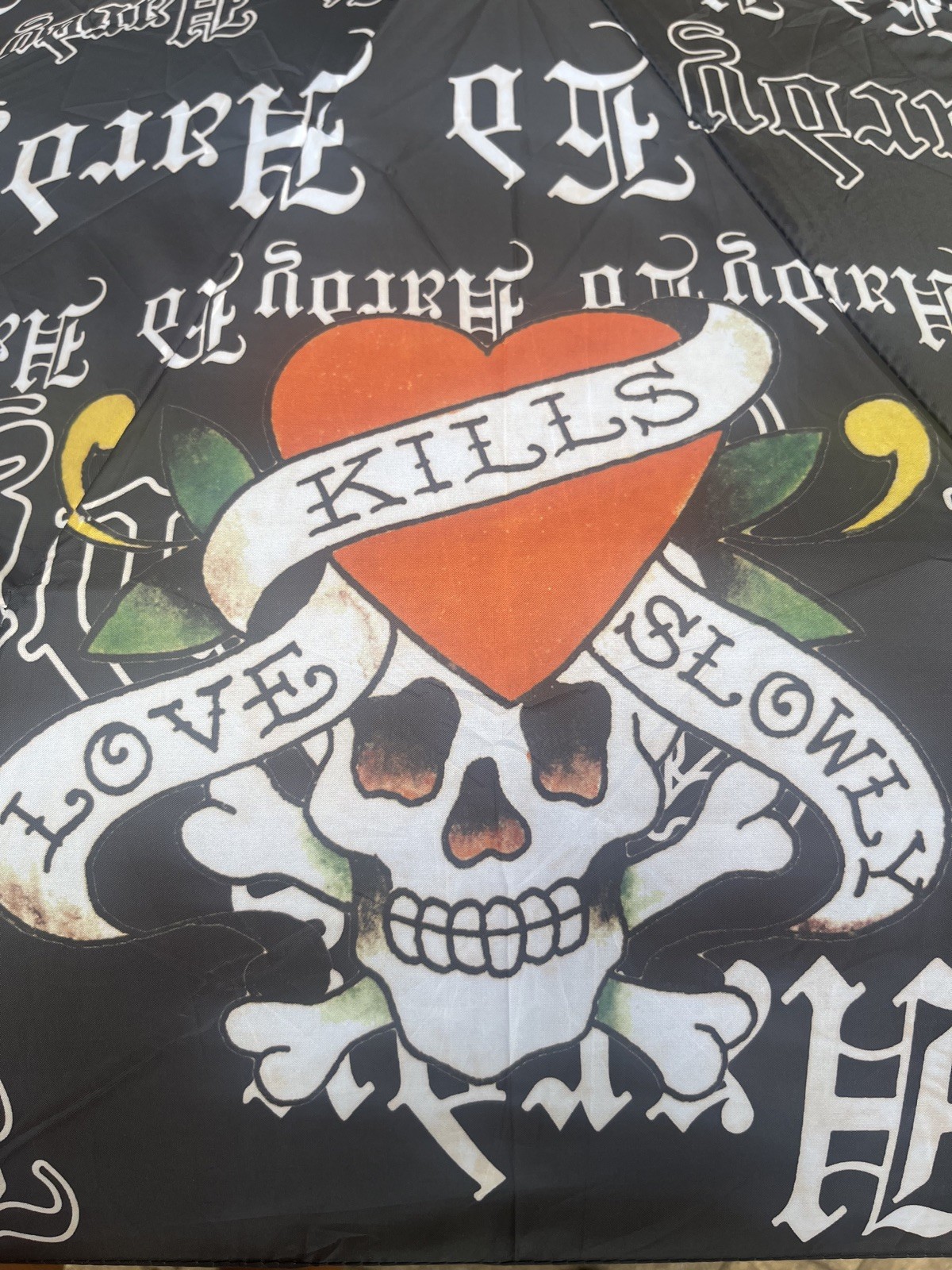Ed Hardy Love Kills Slowly Graphic black compact Umbrella NWT Skulls Hearts