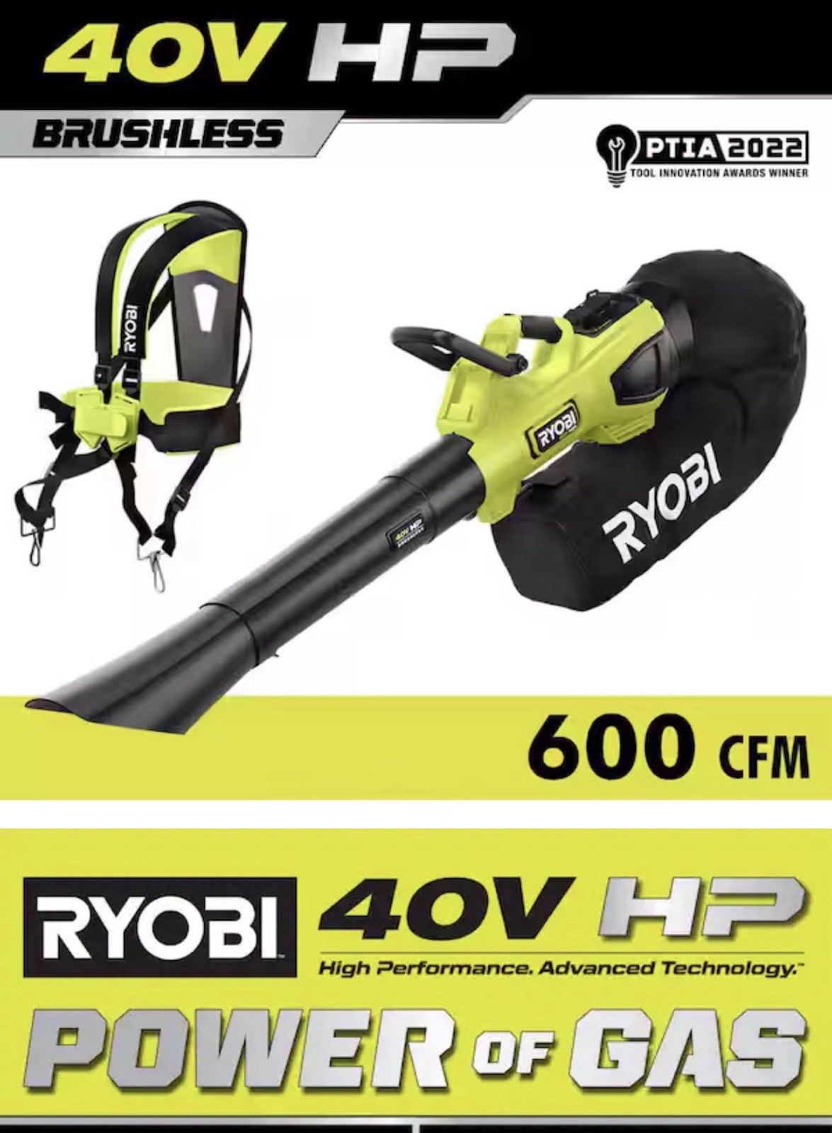 RYOBI RY404015VNM 40V Cordless Jet Fan Blower/Leaf Mulcher/Vacuum (Tool Only)