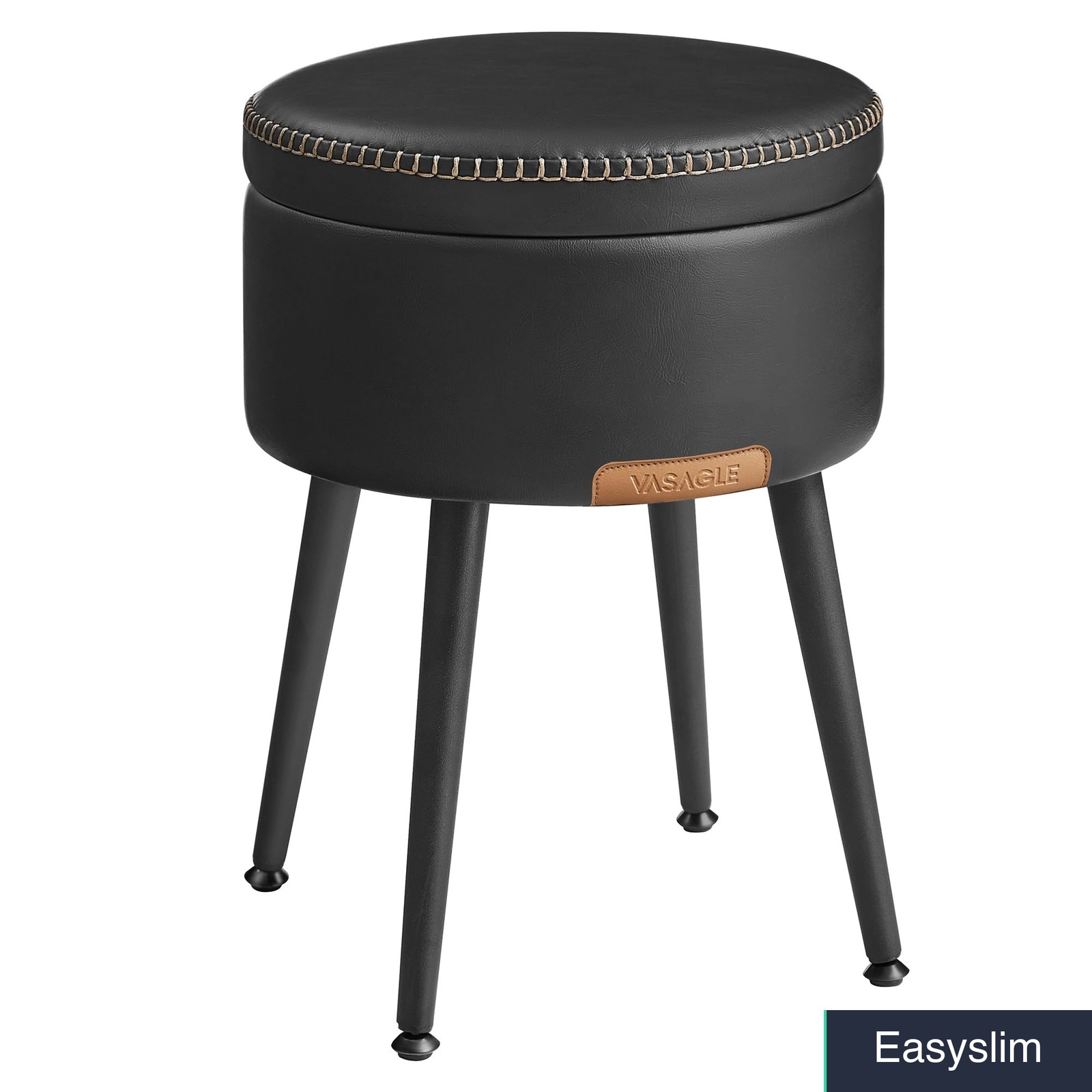 Round Storage Ottoman with Synthetic Leather, 15 Inch, Ink Black