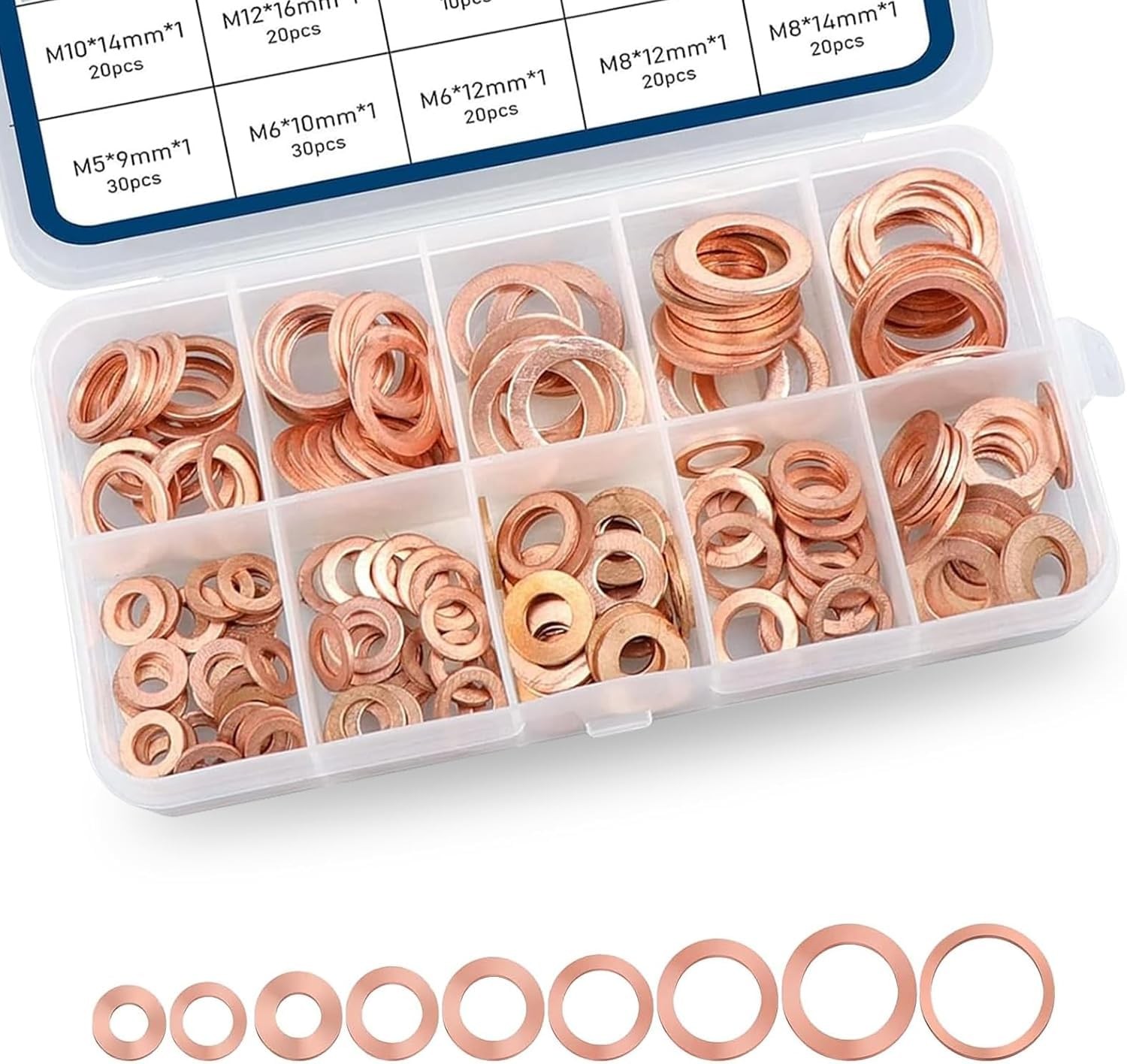 Zosgrew 200 PCS Car Copper Crush Metric Washers Assortment Kit, 9 Sizes Coppe...