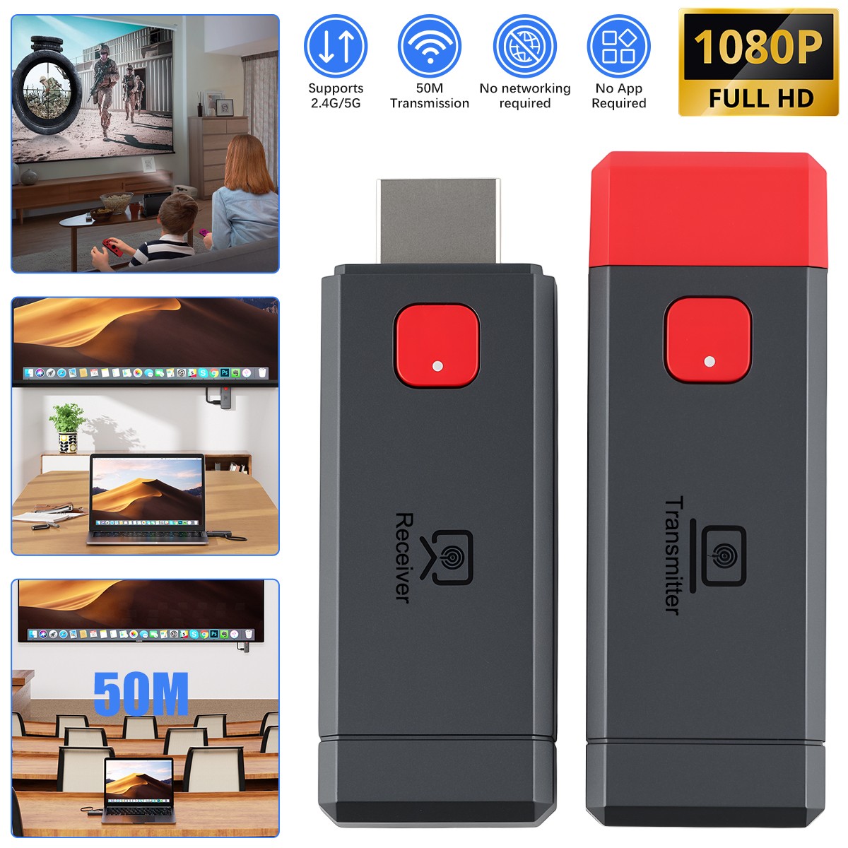 Wireless HDMI Transmitter Receiver 1080P 60Hz 164ft 2.4/5G PS5 Xbox Projector TV