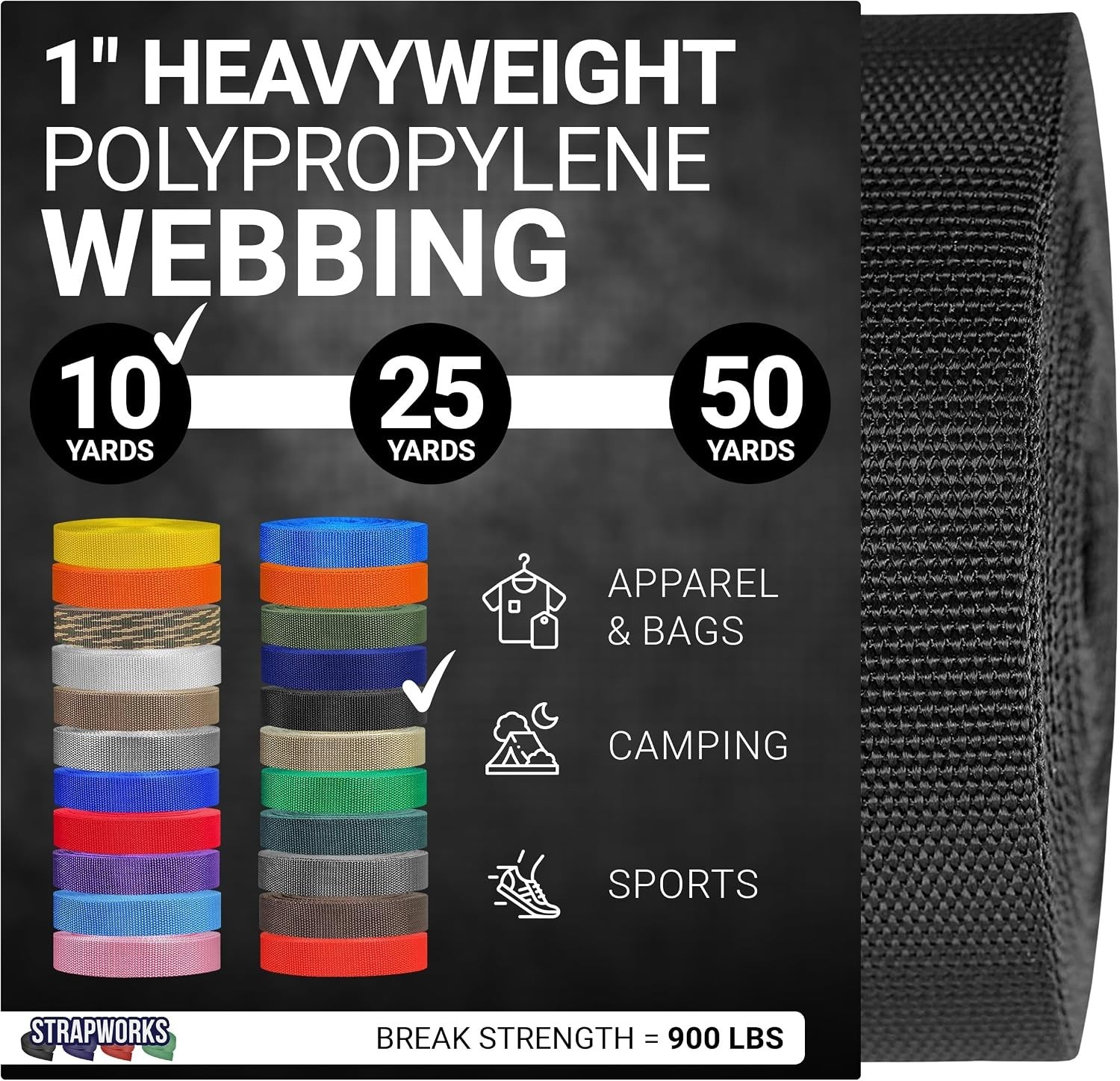 900lbs Strength Polypropylene Webbing - Versatile 1" x 10 Yards Black Straps