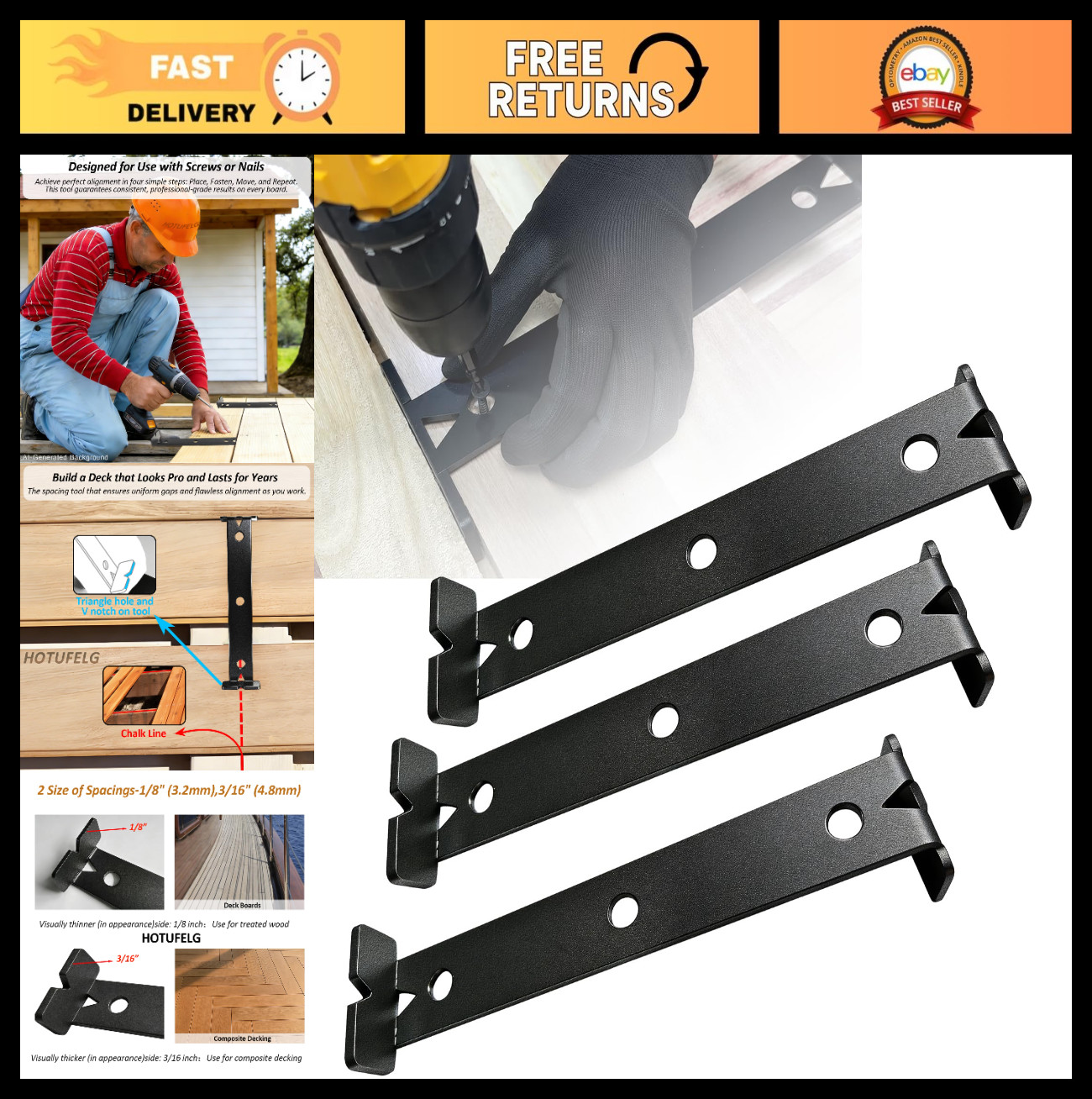 2-in-1 Deck Spacer Tool for 5.5" Planks, Heavy-Duty Steel, 1/8" & 3/16" Gaps, 3