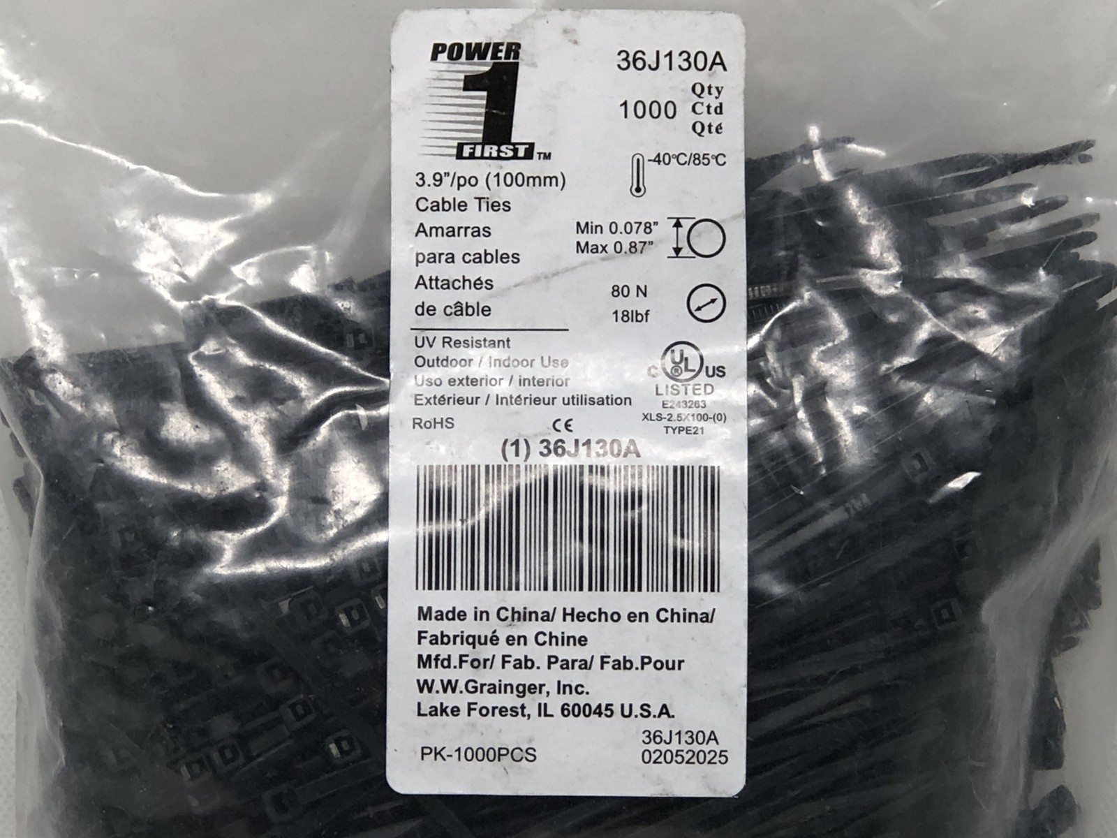 POWER FIRST 3.9/po 100ml Cable Ties - Black 1000 Pack 36J130A