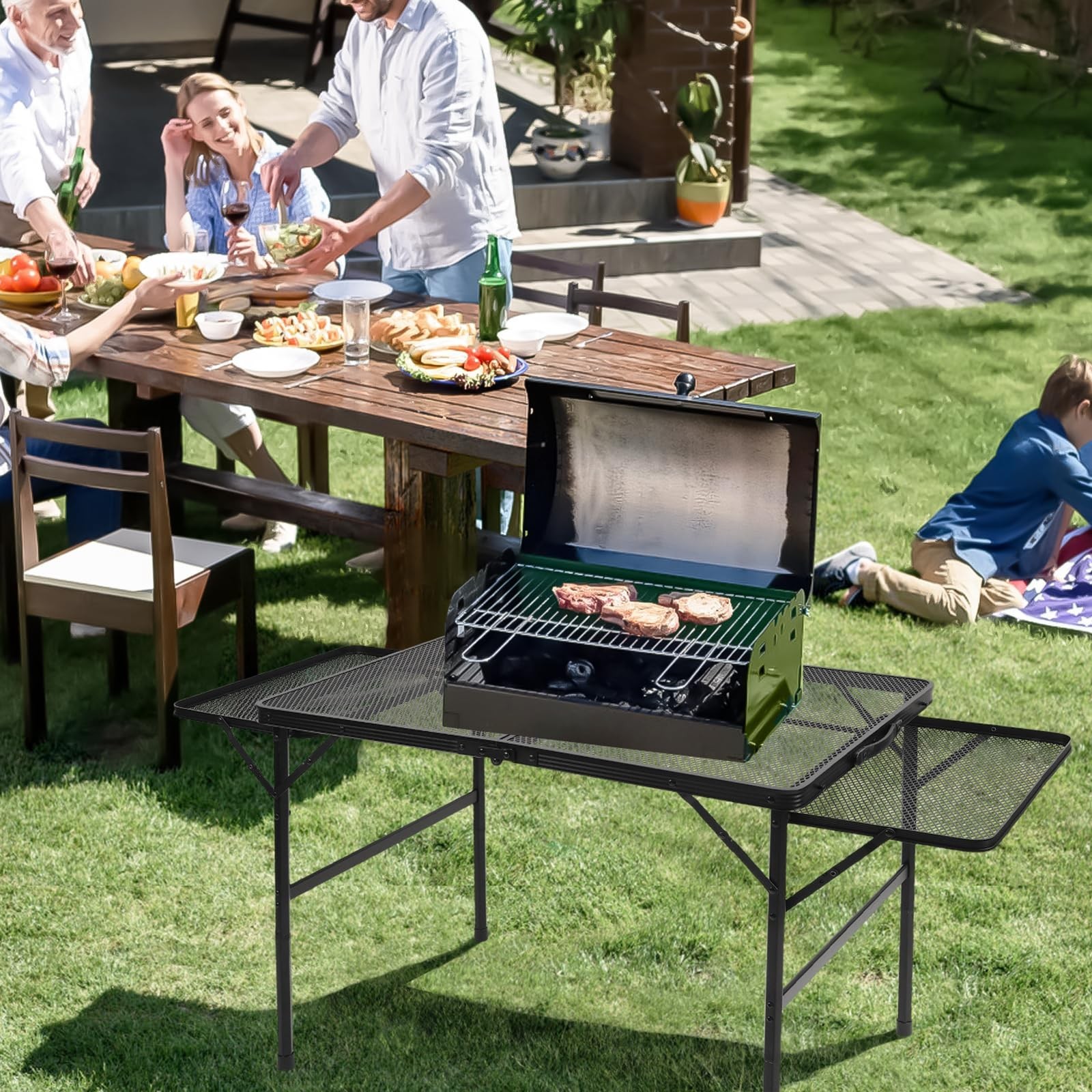 Folding Grill 4.4 FT Portable Camping Table with 2 Wing Panels, Height Adjust...