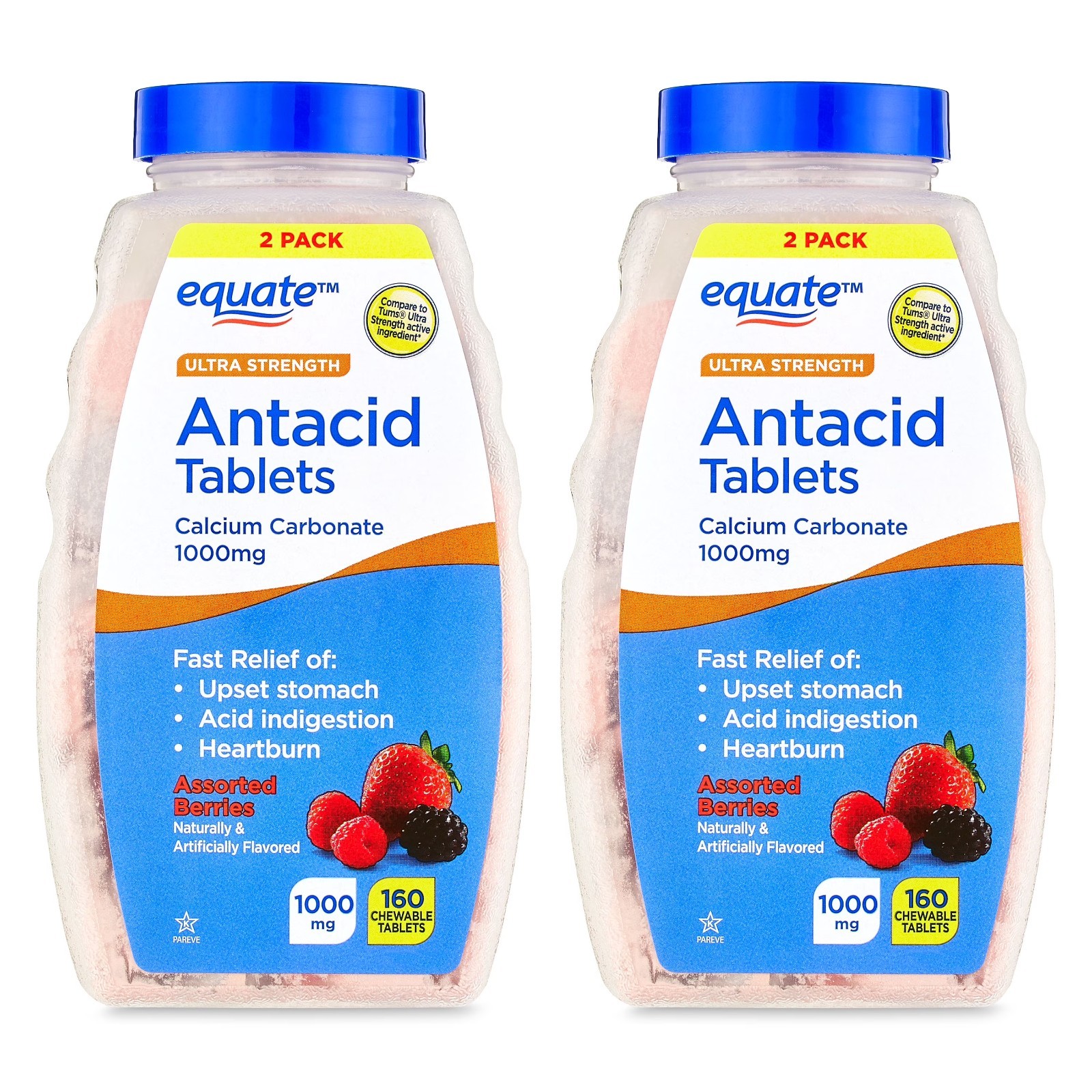 Equate Ultra-Strength Antacid Tablets, 1000 mg, Assorted Berries, 160 CT x 2 PK