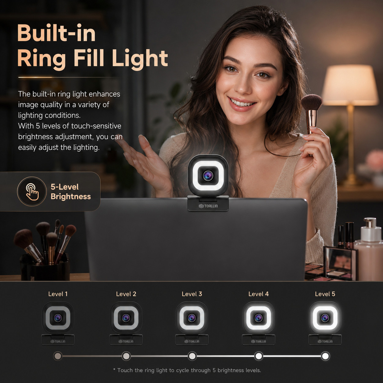 TOALLIN 4K UHD PDAF Webcam 5-level adjust Ring Light,Plug & Play,USB Connection