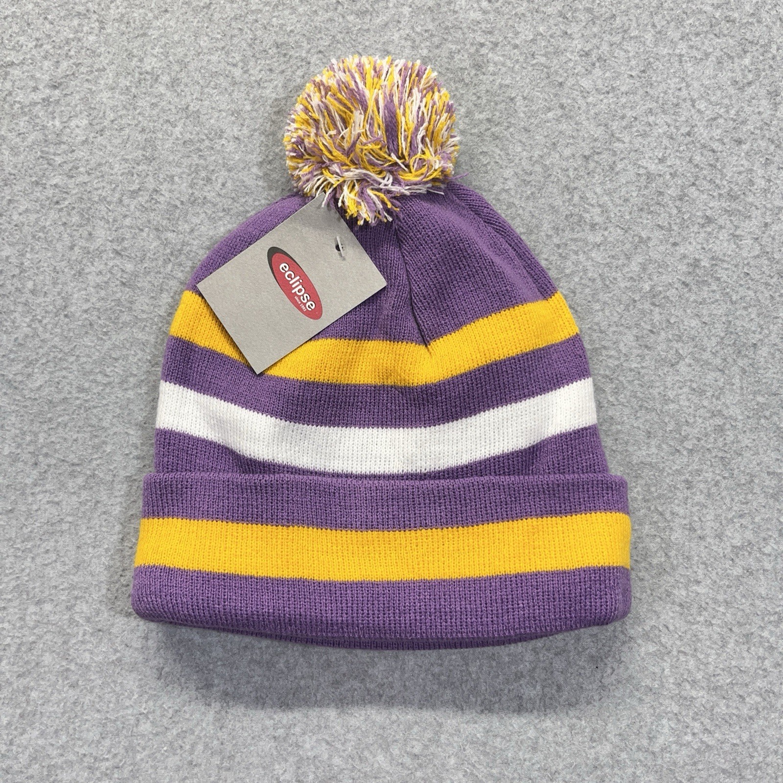 NWT Eclipse Lined Adult One Size Beanie Purple Yellow White Striped Pom NEW