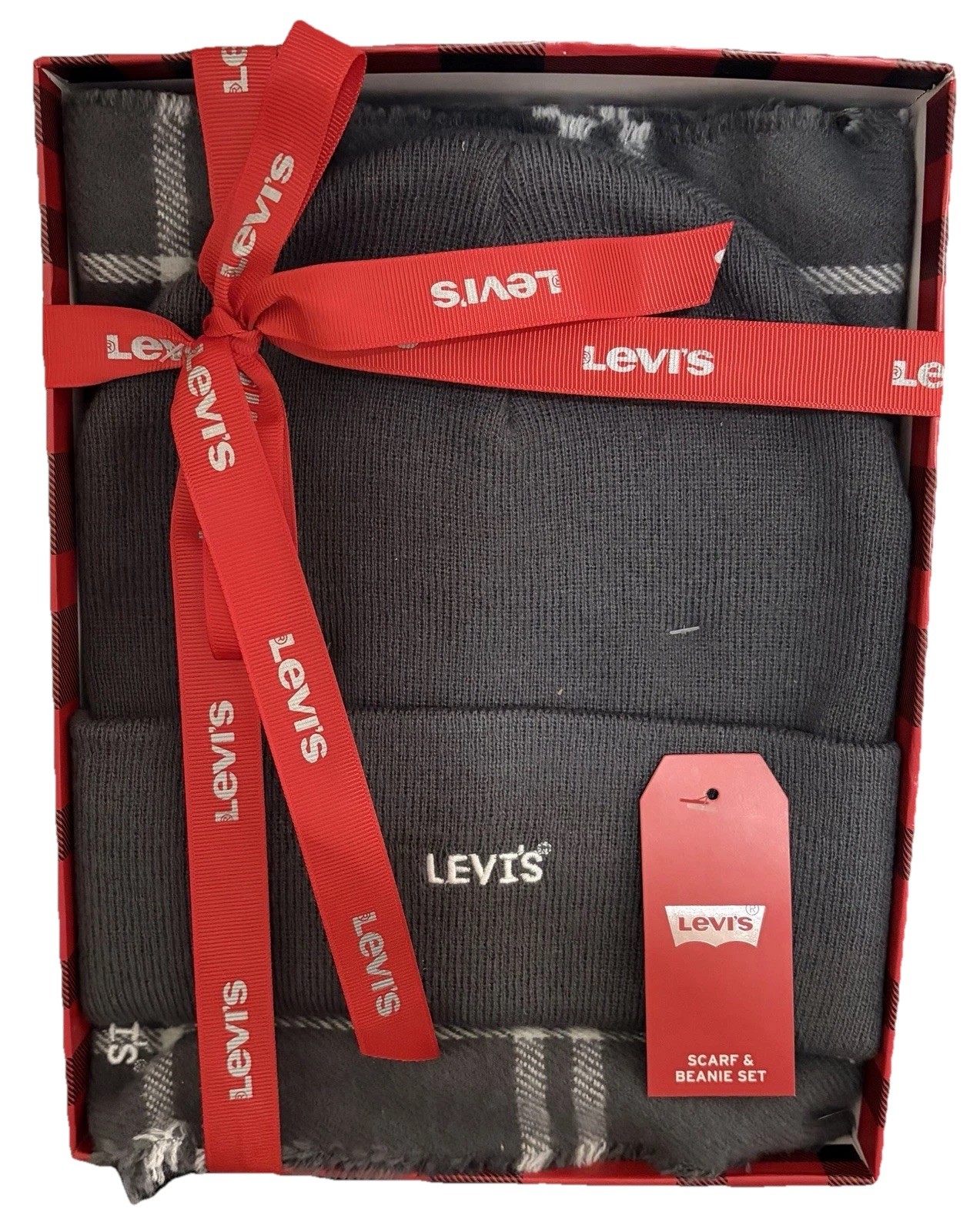 Levi's Stocking Cap and Scarf Set Gift Box Gray Knit Hat Beanie Cap NWT
