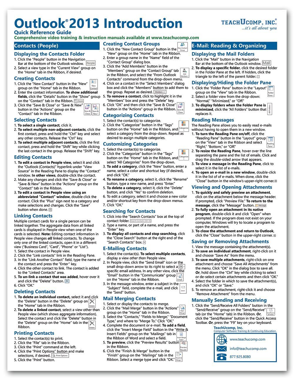 Outlook 2013 Training Guide Quick Reference Card 4 Page Cheat Sheet Instructions