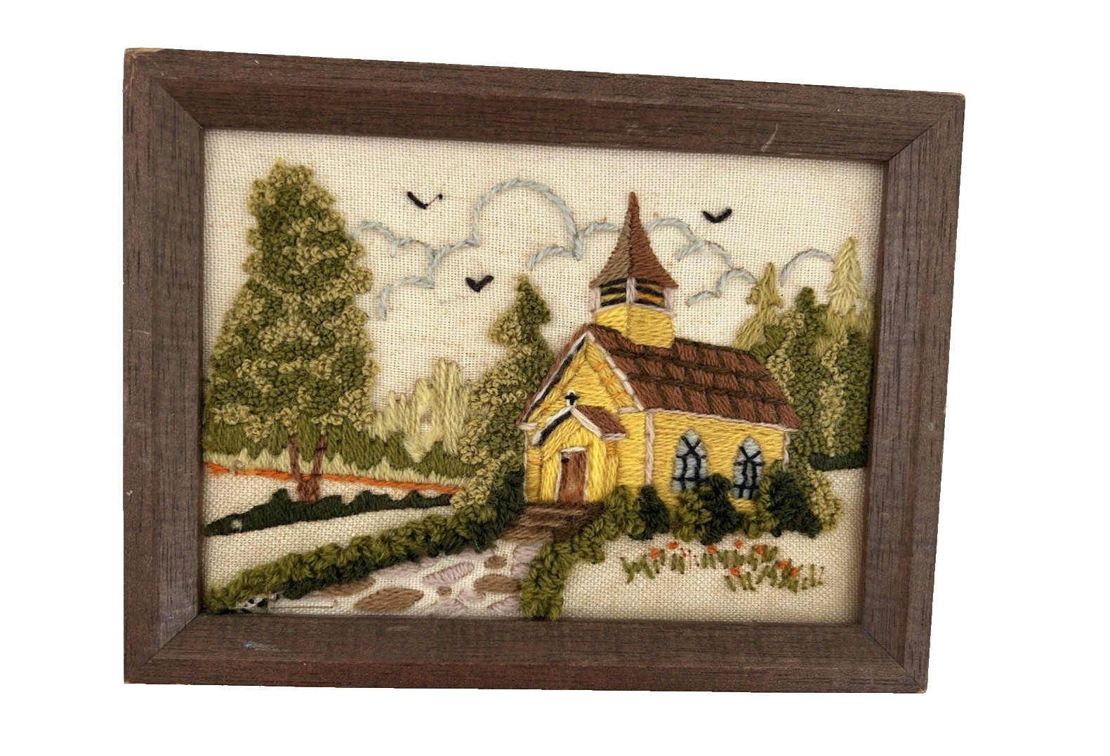 Vintage Crewel Embroidery Completed Woodside Church Framed 6" X 8" 1980 Handmade