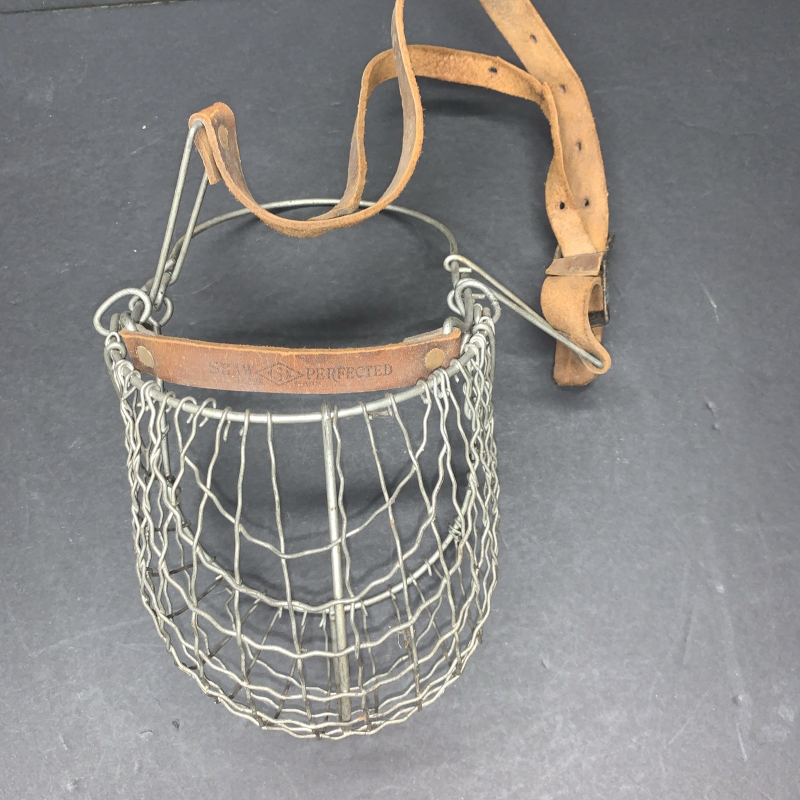 Vintage Antique Shaws Patent Wire Basket Dog Muzzle Leather Straps Old Pet Tool