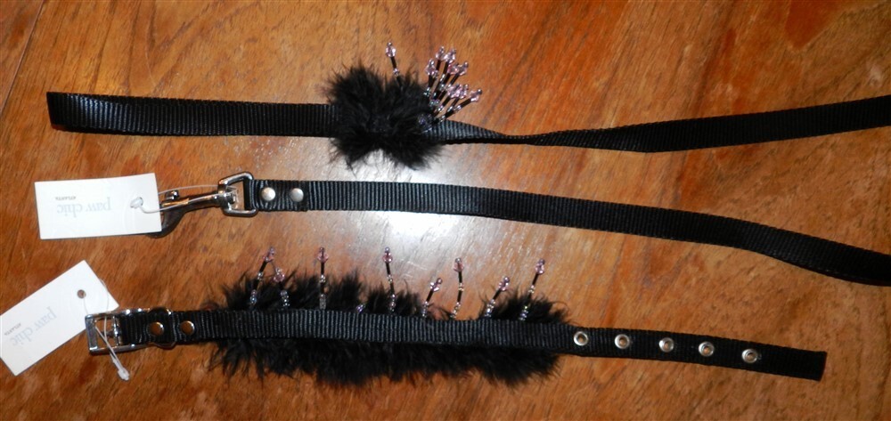 Collar and Leash Set Ganz Black Feather Dangle Dog size Medium New