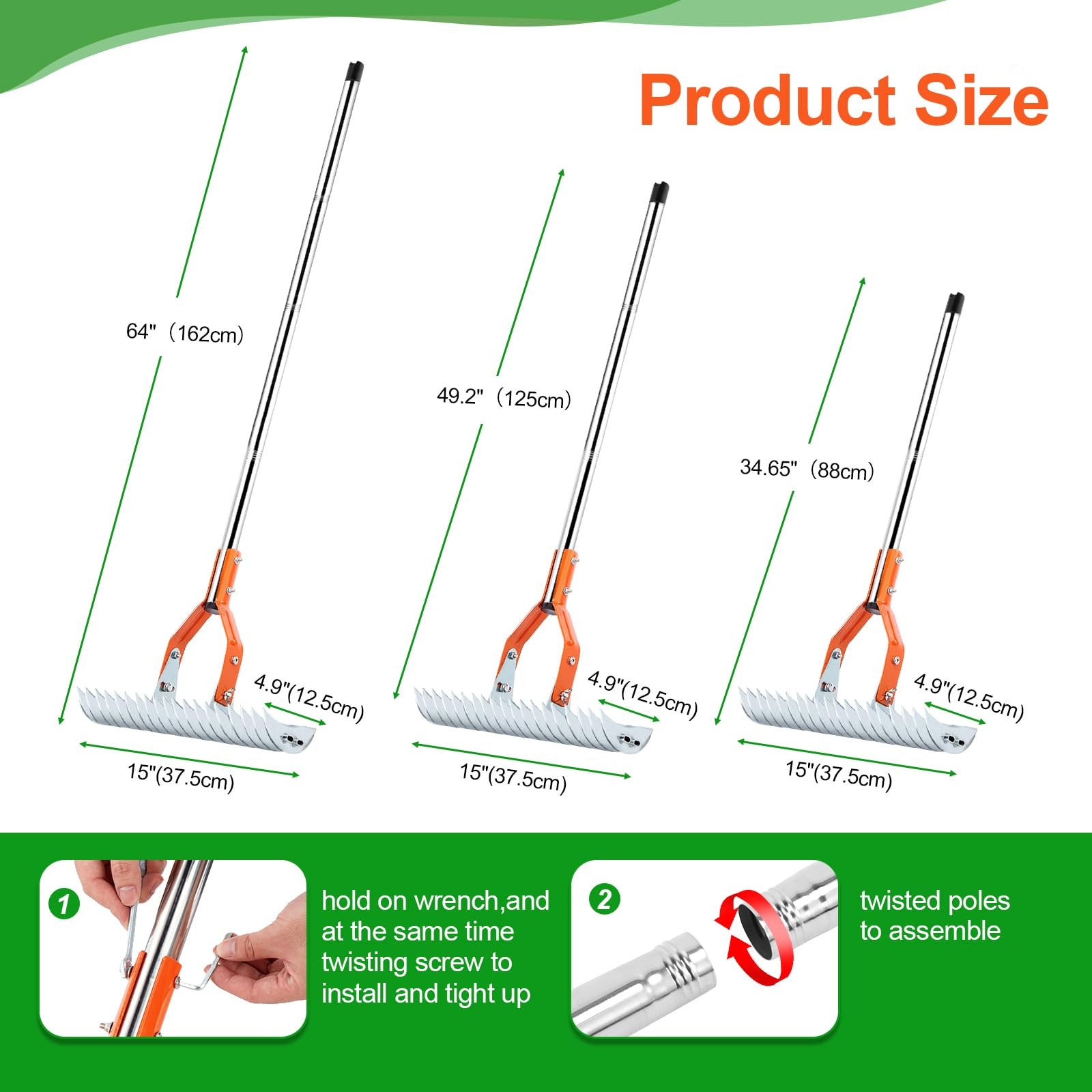 Thatch Rake, 15 Inch Lawn Thatching Rake, Heavy-Duty Dethatcher Rake with Glo...
