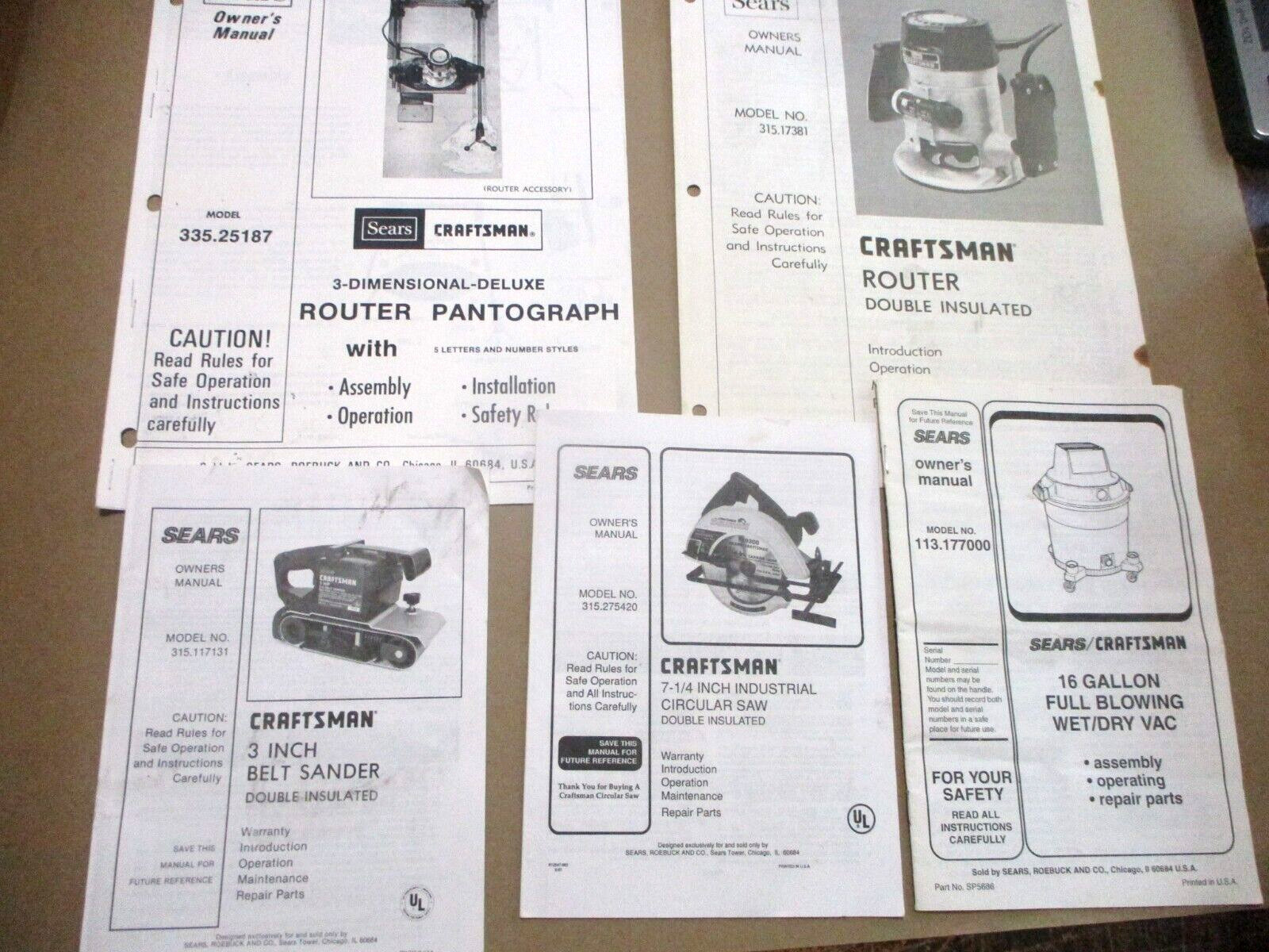5 Owner's Manuals W/Parts For Sears Craftsman Router Belt Sander Power Tools