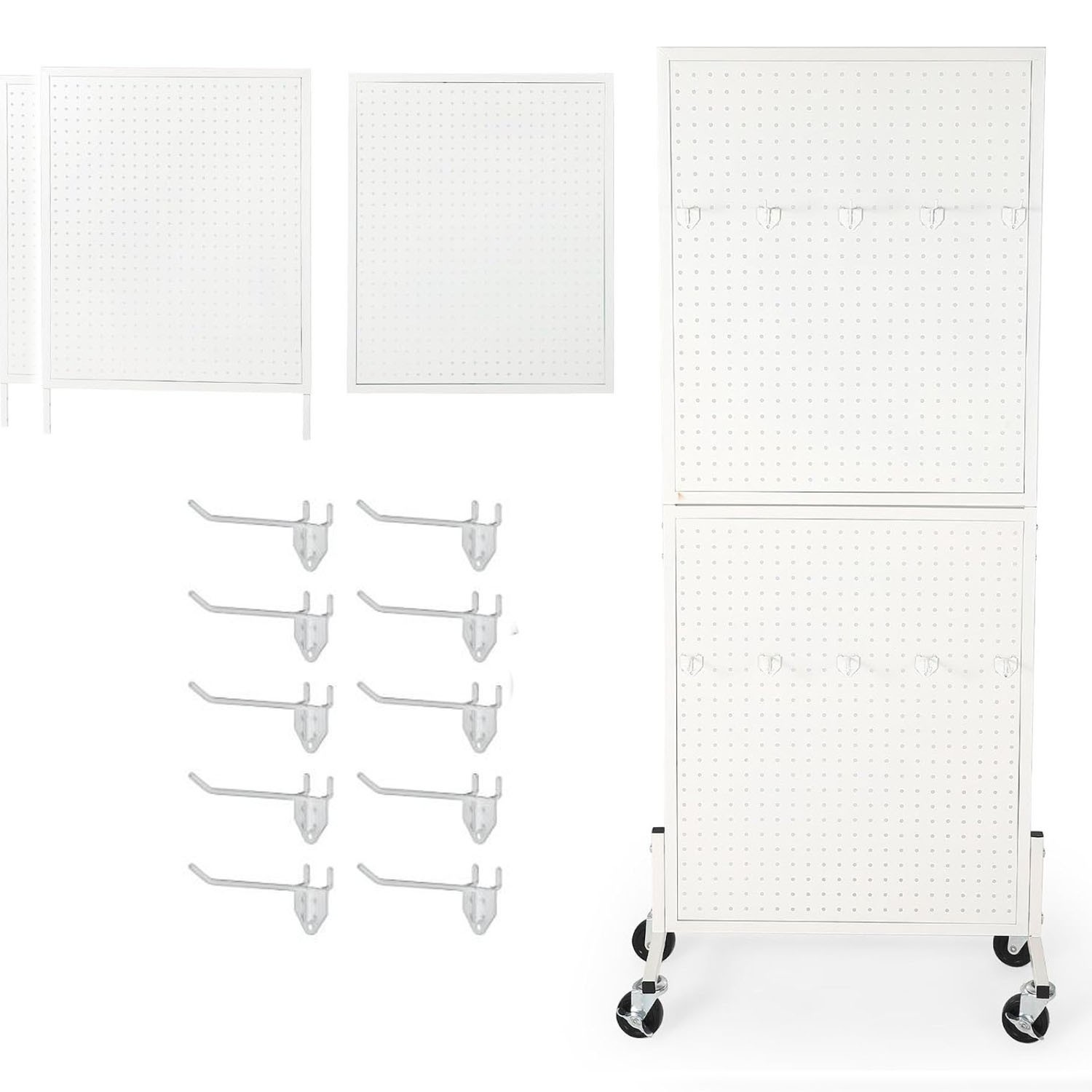 White Pegboard Display Stand with 10 Hooks Pegboard Panels Display with Wheels