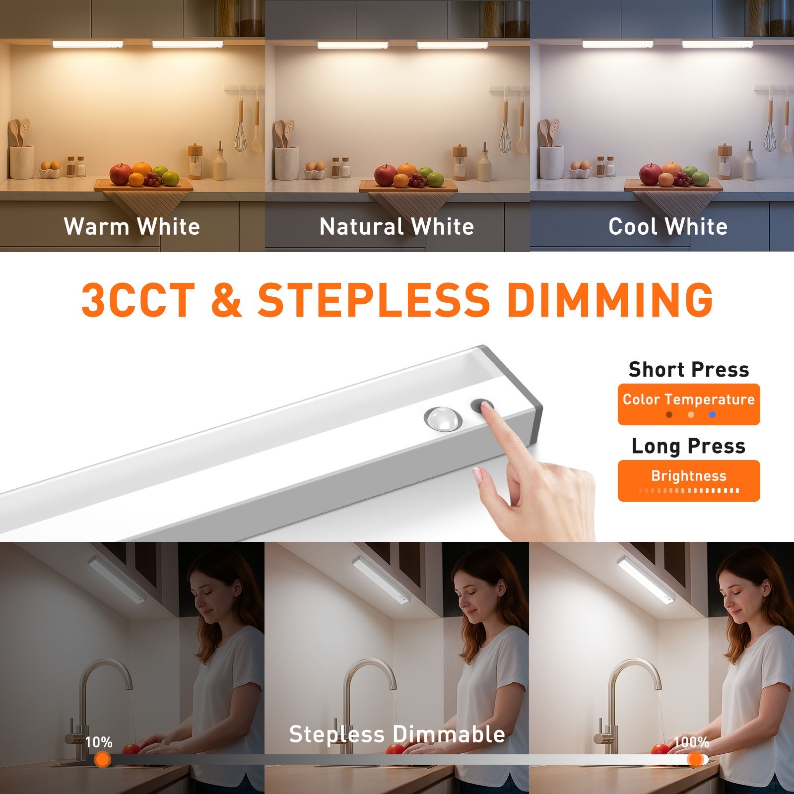 2Pcs Motion Sensor LED Cabinet Closet Light CCT DIM Strip Light USB Rechargeable