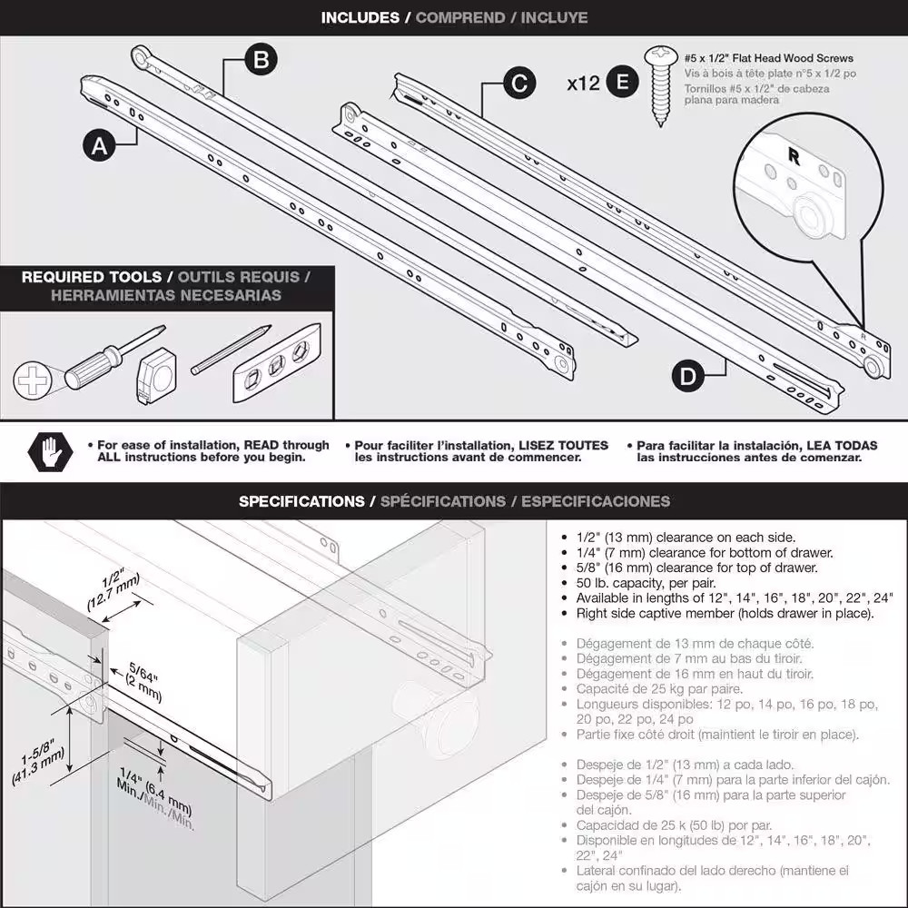 1 Pair 16 In. Self-Closing Bottom Mount Drawer Slide 1-Pair (2 Pieces)