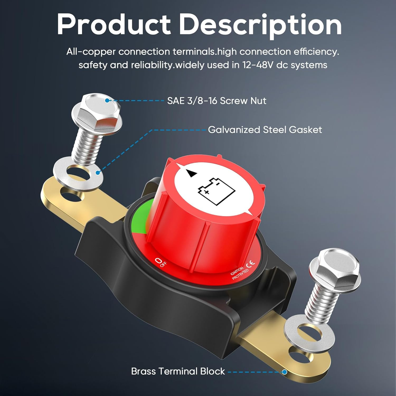 Side Post Battery Disconnect Switch, On/Off, 12-48V, 250A