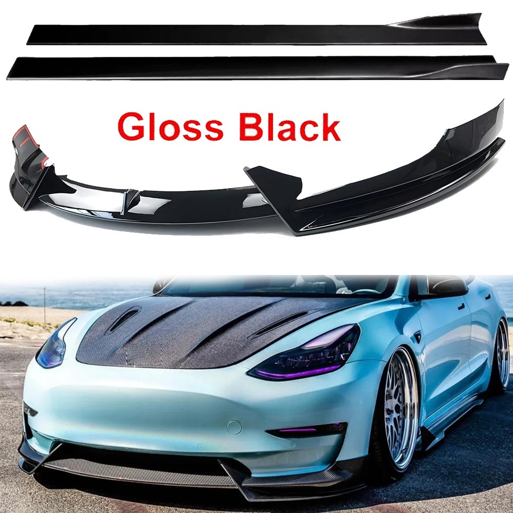 For Tesla Model 3 2017-2023 Front Bumper Lip Spoiler + Side SKirt Glossy Black