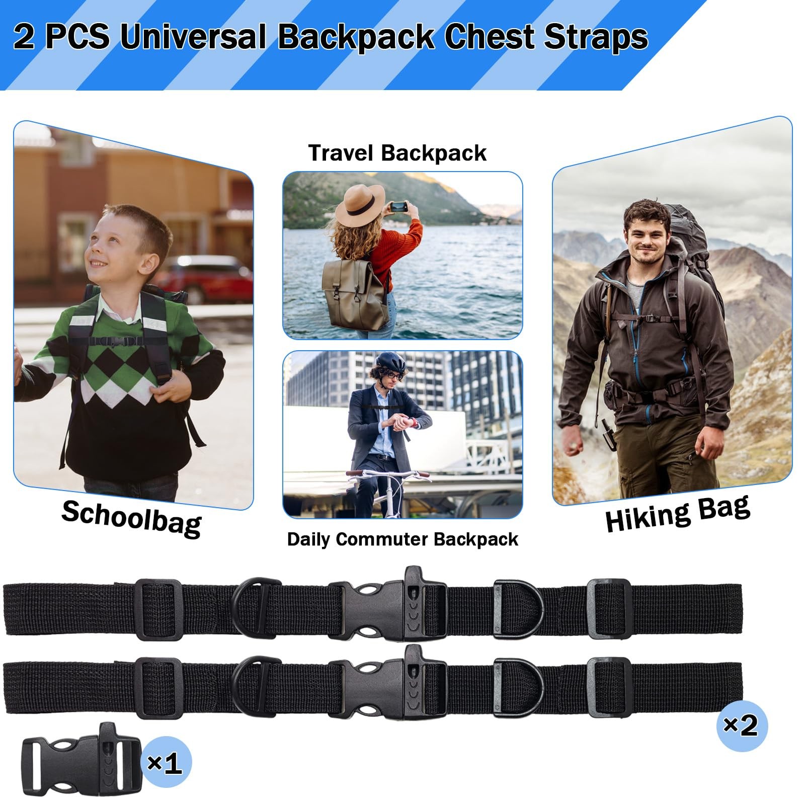 2 PCS Backpack Chest Strap Add on, Adjustable Sternum Adjustable, Black