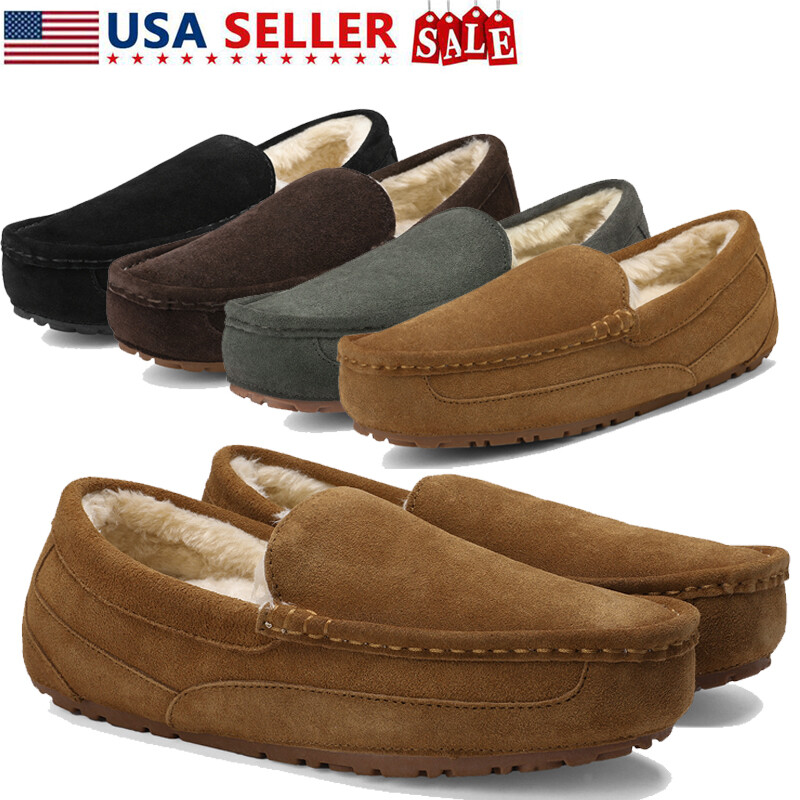 Men's Suede Leather Fur Slippers Moccasin Slip-on Men Outdoor Casual Loafers