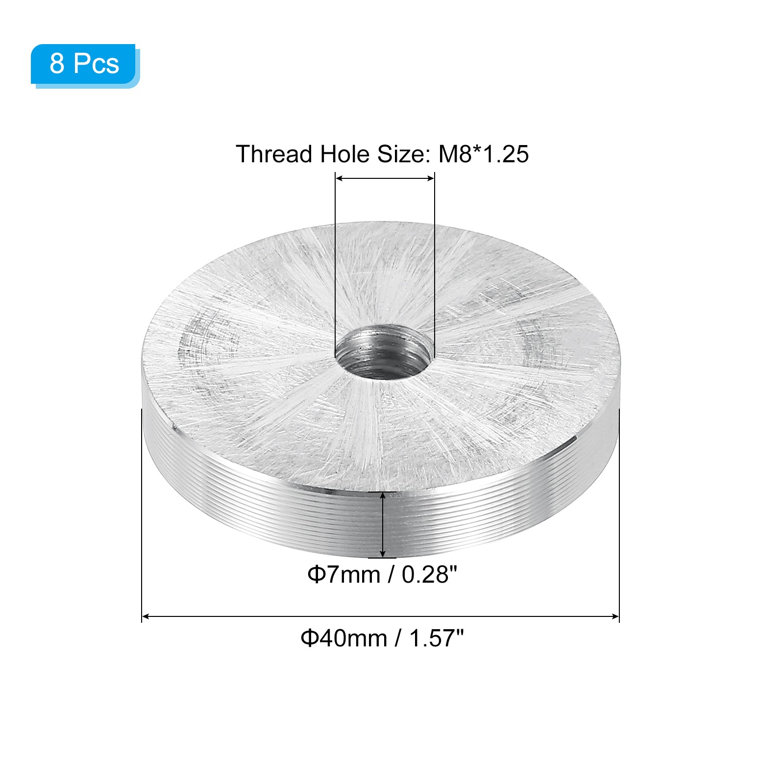 40mm Round Shape Aluminum Disc, 8 Pack M8 Thread Hardware Aluminum Disc, Silver