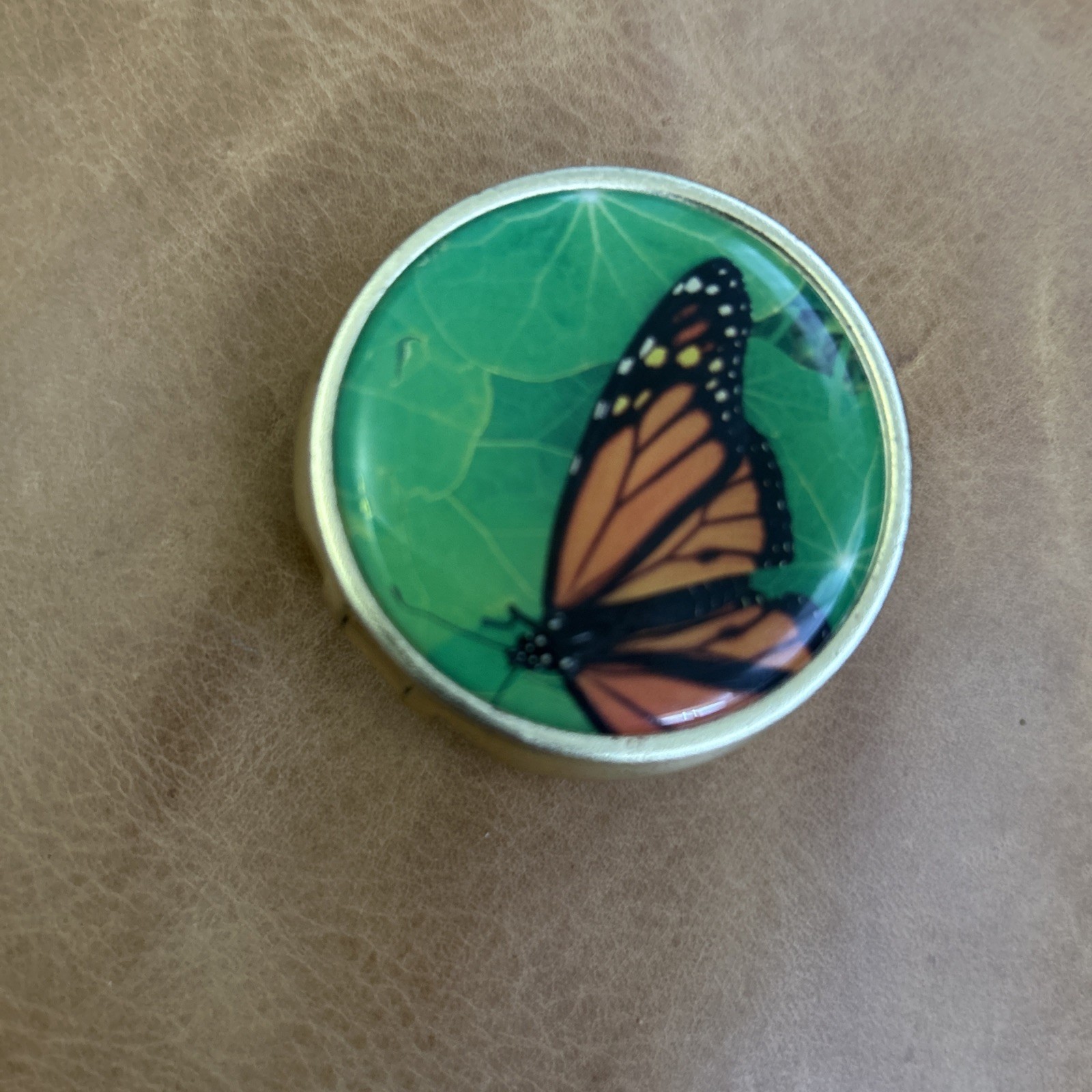 Gold Colored Medicine Vitamin Pill Box. Monarch Butterfly.
