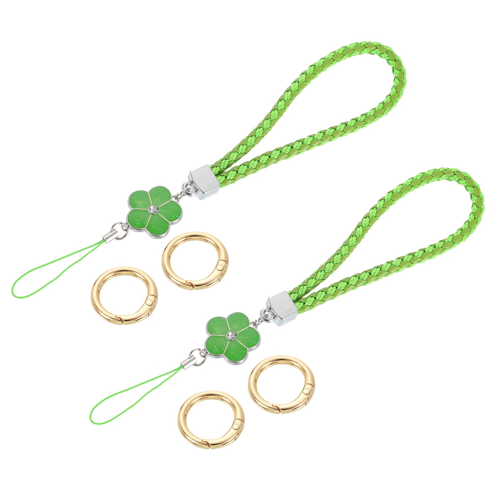 2Pcs Wristlet Lanyards, 4.7" Leather Keychain Strap with Flower Charm, Green