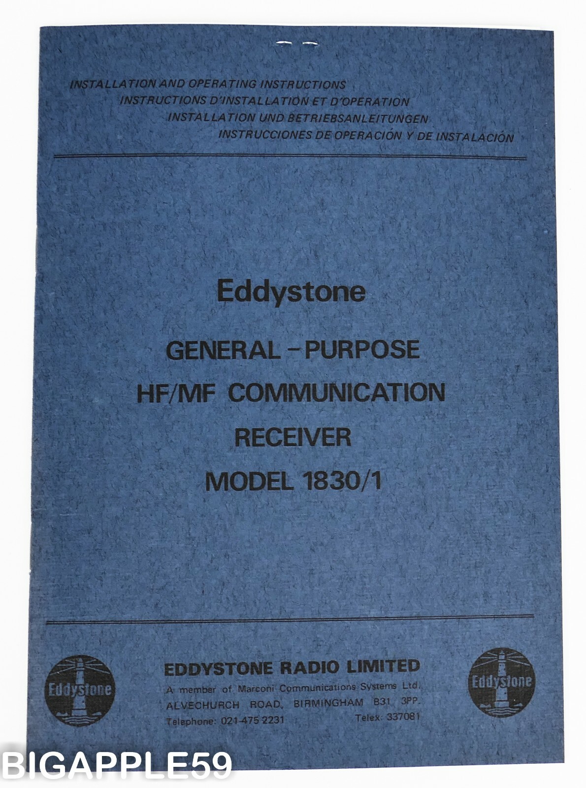 Eddystone HF/MF 1830/1 Communications Receiver Brief User Manual *RARE*