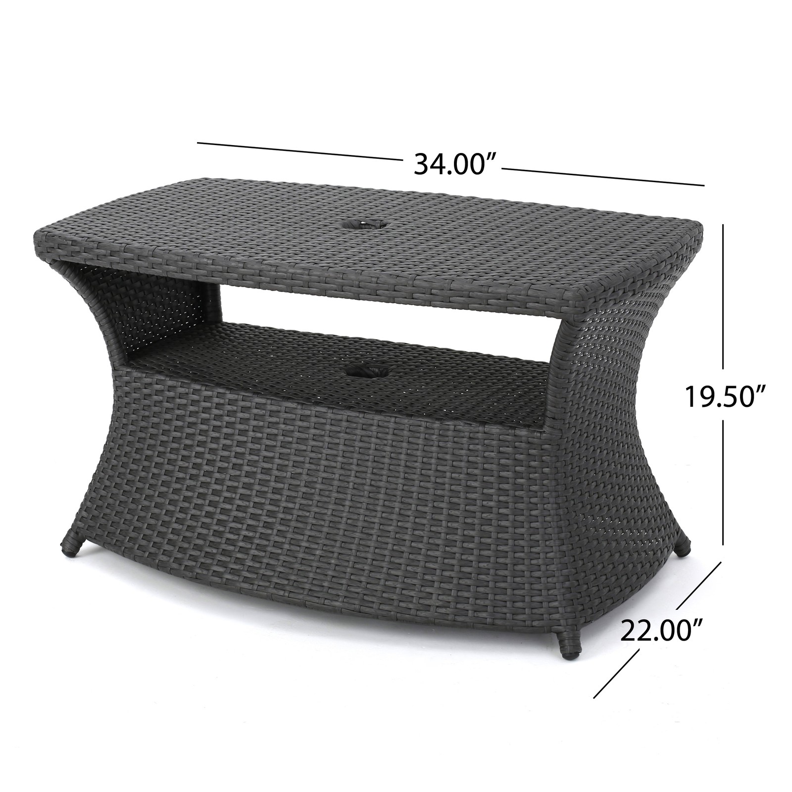 Outdoor Patio Side Table with Umbrella Hole, Shelf & Storage, Grey Rattan