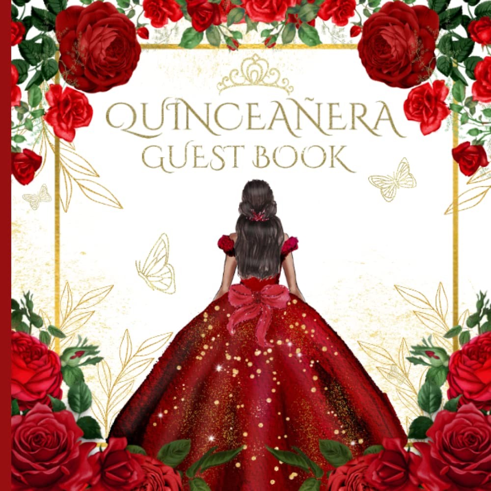Quinceanera Guest Book Burgundy Red Roses Gold Butterfly and Princess Gown: Beau