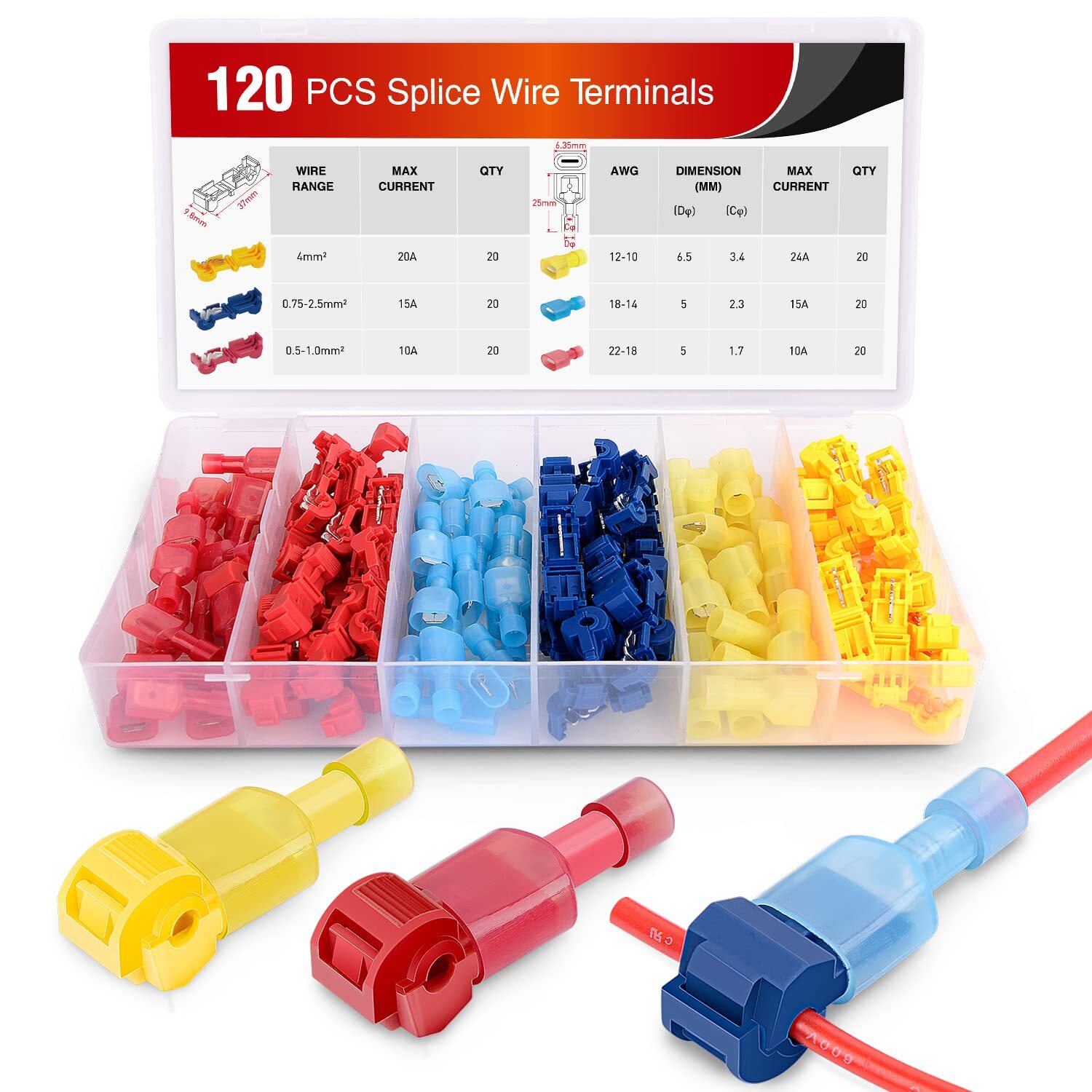 Nilight - 50004R 120 Pcs/60 Pairs Quick Splice Wire Terminals T-Tap
