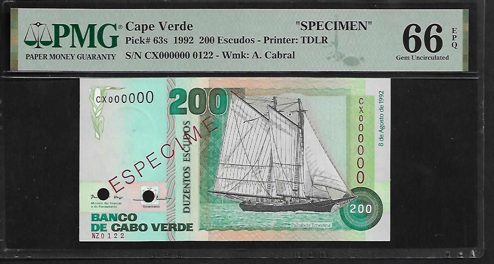 Cape Verde Specimen 200 Escudos 1992 PMG 66 EPQ UNC P#63s Printer TDLR