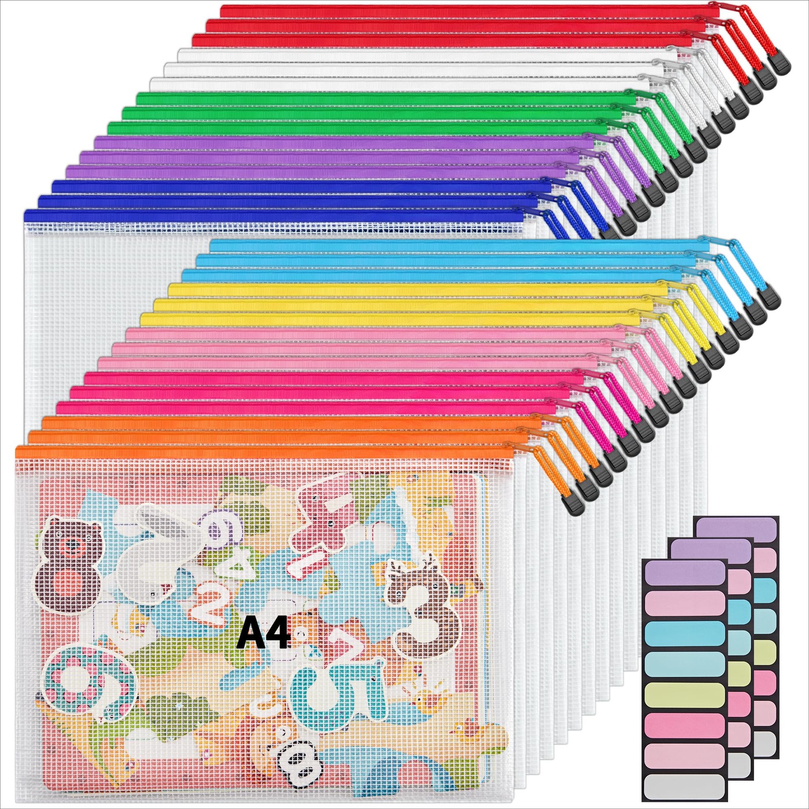 A4 Letter Size 30 Pack 10 Colors Zipper Mesh Document Pouch, Mesh Bags for Bo...