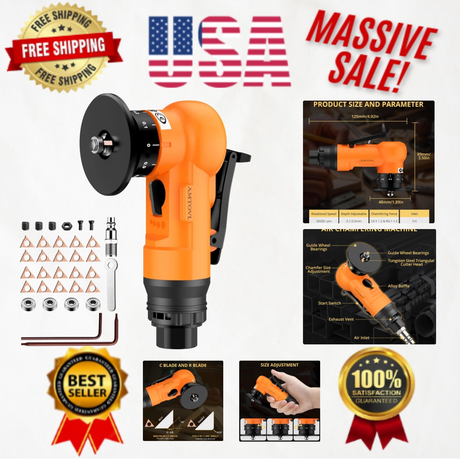 Air Chamfer Tool with Adjustable Depth - 1/4 Inch Inlet for Diverse Applications