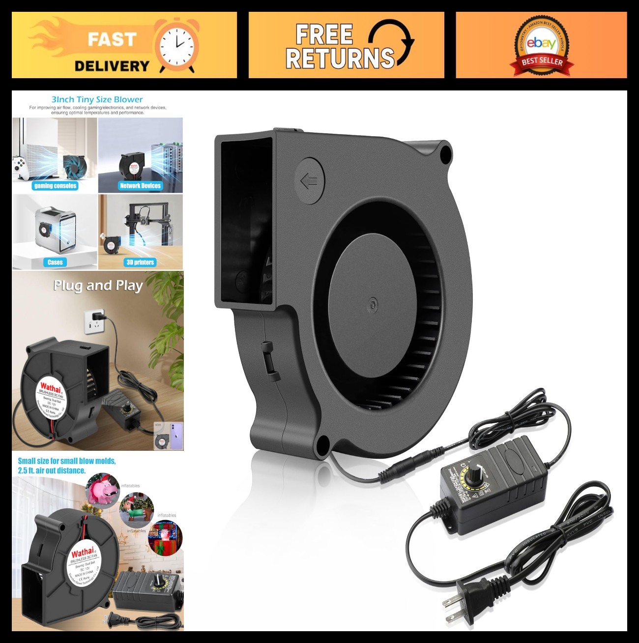 75mm Blower Fan Dual Ball AC 110V-240V Speed Control High Performance DIY Coolin