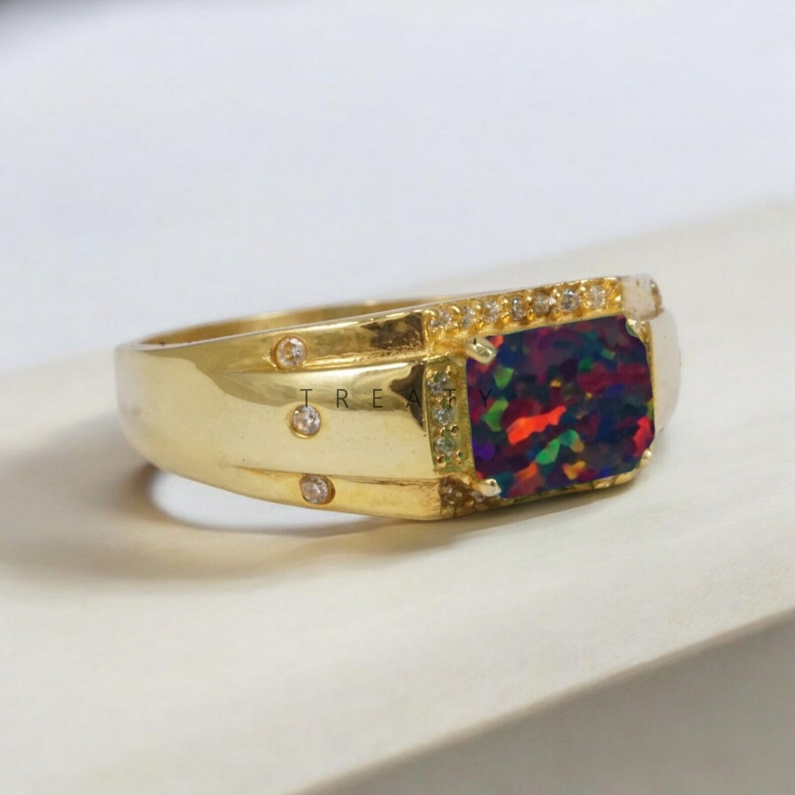 Black Opal Emerald Cut With 14K Solid Gold  Ring For Men's #773