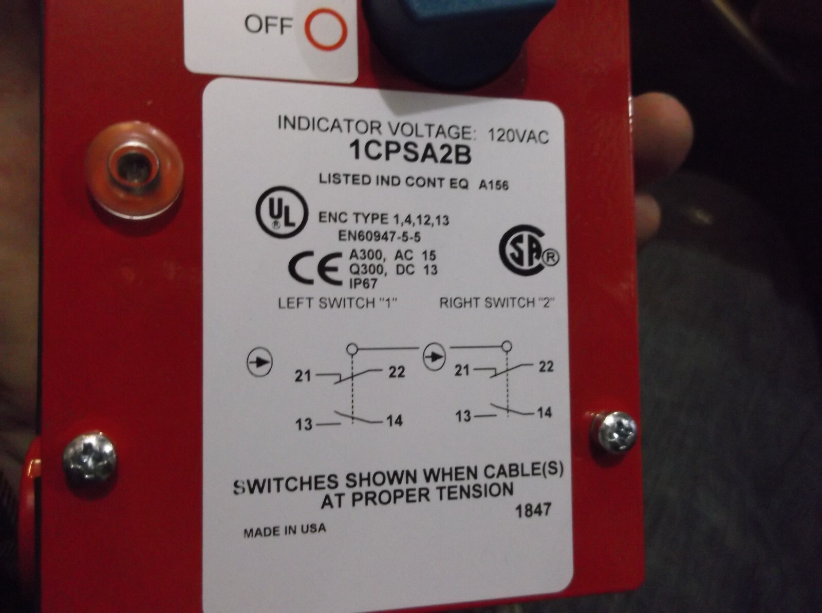 NIB HONEYWELL 1CPSA2B CABLE PULL SAFETY SWITCH MICRO SWITCH 120 VAC (XX2)