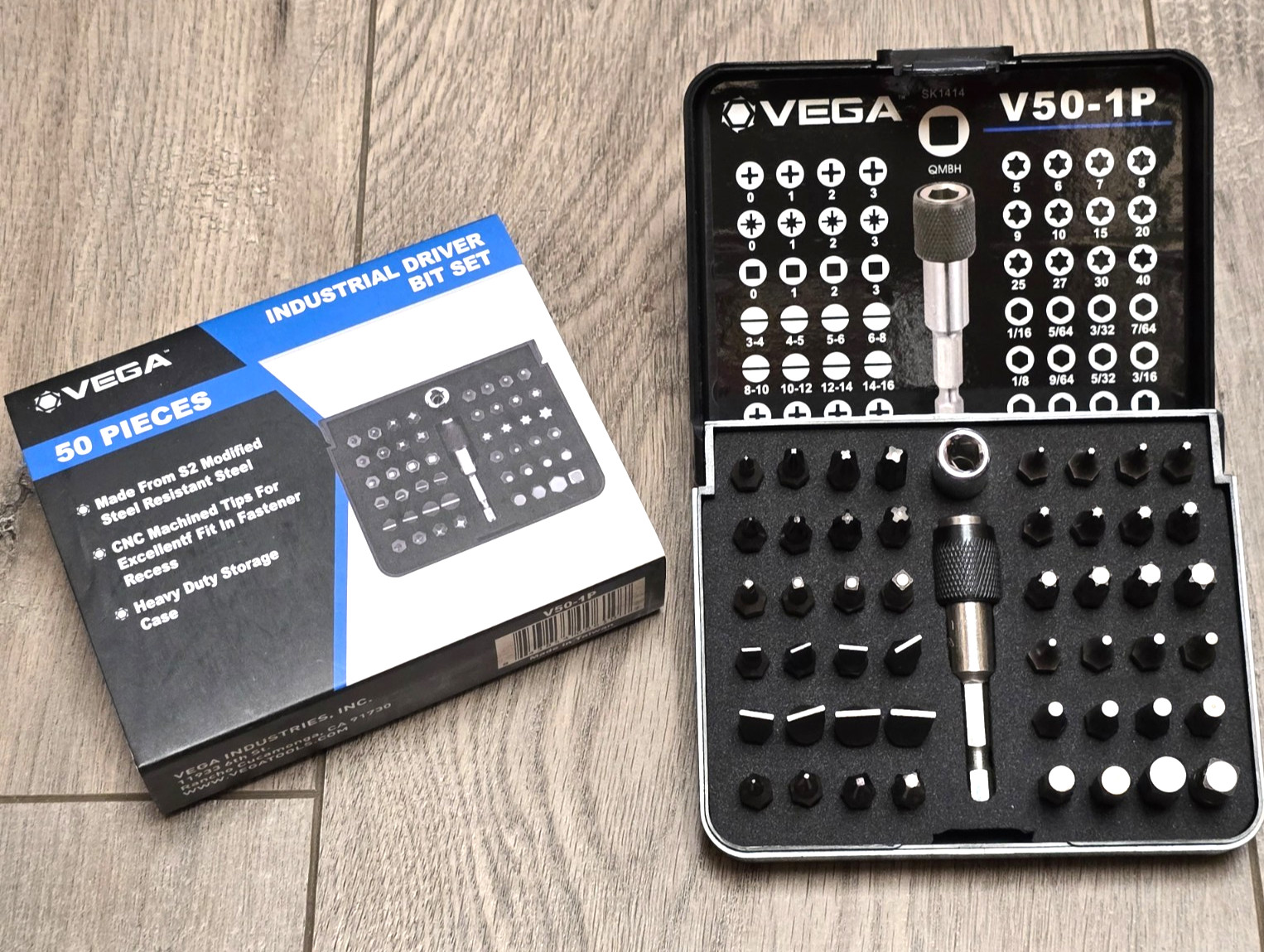 Vega Tools V50-1P, 50pc Master 1/4" Hex Bit Bit Driver Set w/ Extension & Case
