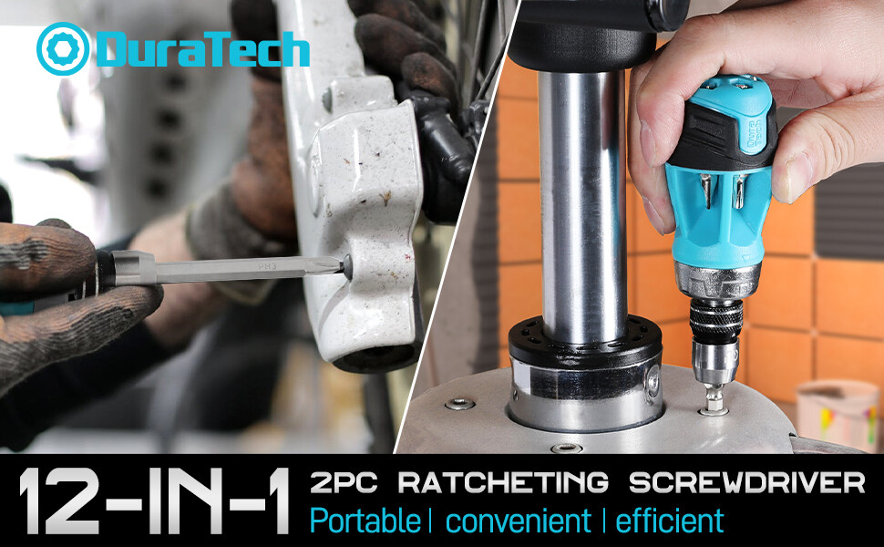 DURATECH 2PCs Ratcheting Screwdriver Set 12-in-1 Multi-bit Standard with Phillip