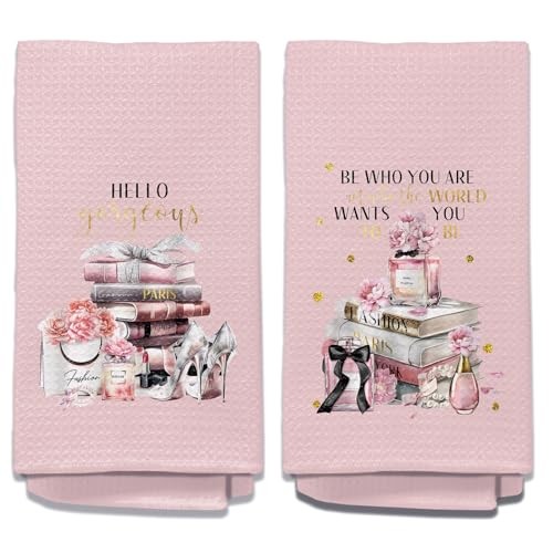 Pink Bathroom Accessories - Set of 2 Hand Towels, Pink Decor C - Pink Base