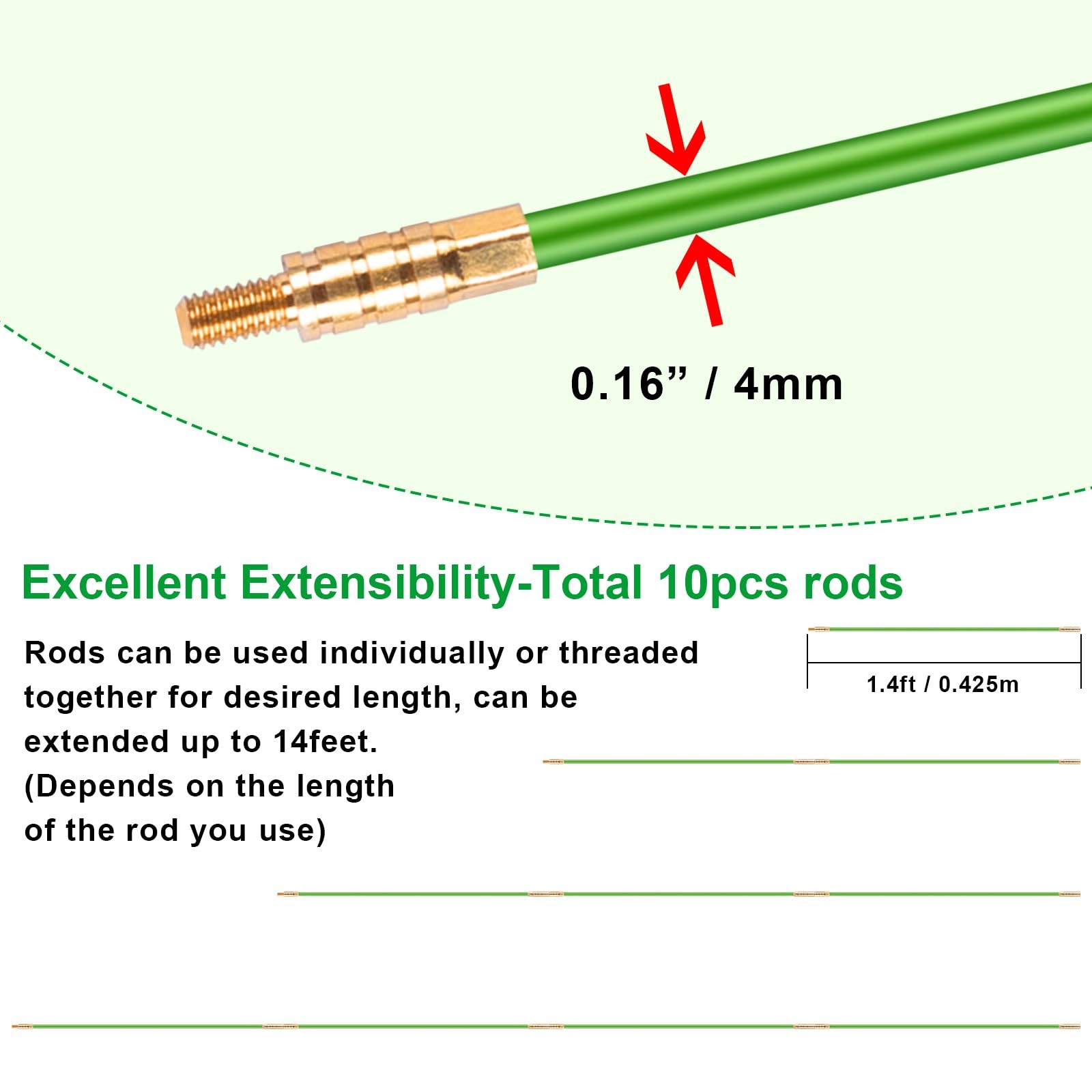 14' Wire Fishing Tool Fish Tape Cable Rods, Green Wire Puller with 5 Attachments