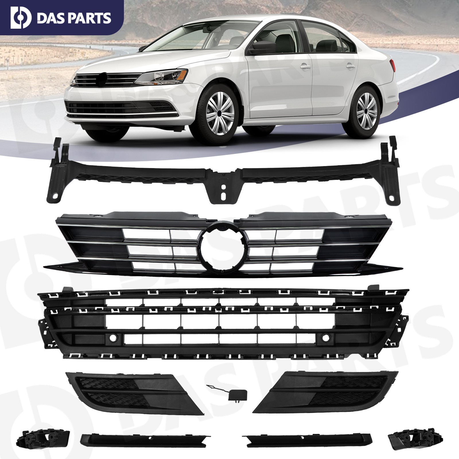 10PC For 2015-2018 Jetta Upper Lower Grille Fog Light Cover  Bumper Trim Bracket
