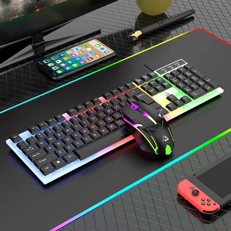 Wired Gaming Keyboard and Mouse Set RGB LED Rainbow Backlit for Computer Desktop